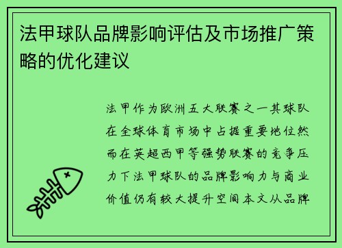 法甲球队品牌影响评估及市场推广策略的优化建议